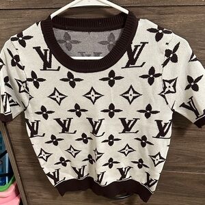 Cream & Dark Brown Monogram Knit Short Sleeve Top size S